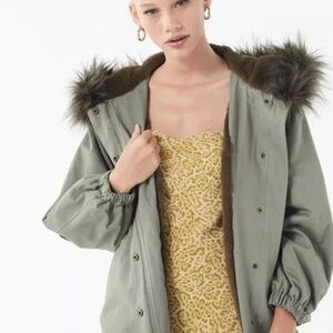 Urban Outfitters Olive Green Hooded Parka Coat with faux fur trim hood, M